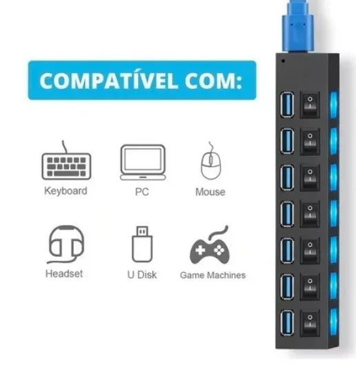 Extensão Hub Régua Usb 2.0 - 7 Portas Pc Hd Externo Pendrive